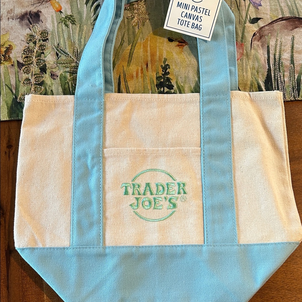 Trader Joe's Mini Pastel Canvas Tote Bag - Cream & Light Blue
